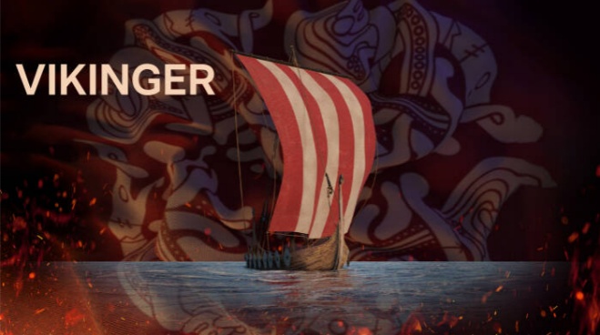 Tegnet vikingeskib med rødt og hvidt sejl ude på vandet. 