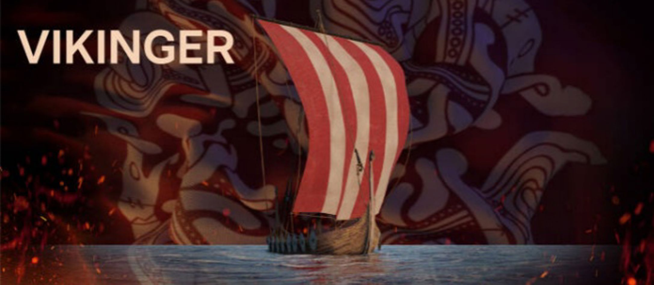 Tegnet vikingeskib med rødt og hvidt sejl ude på vandet.