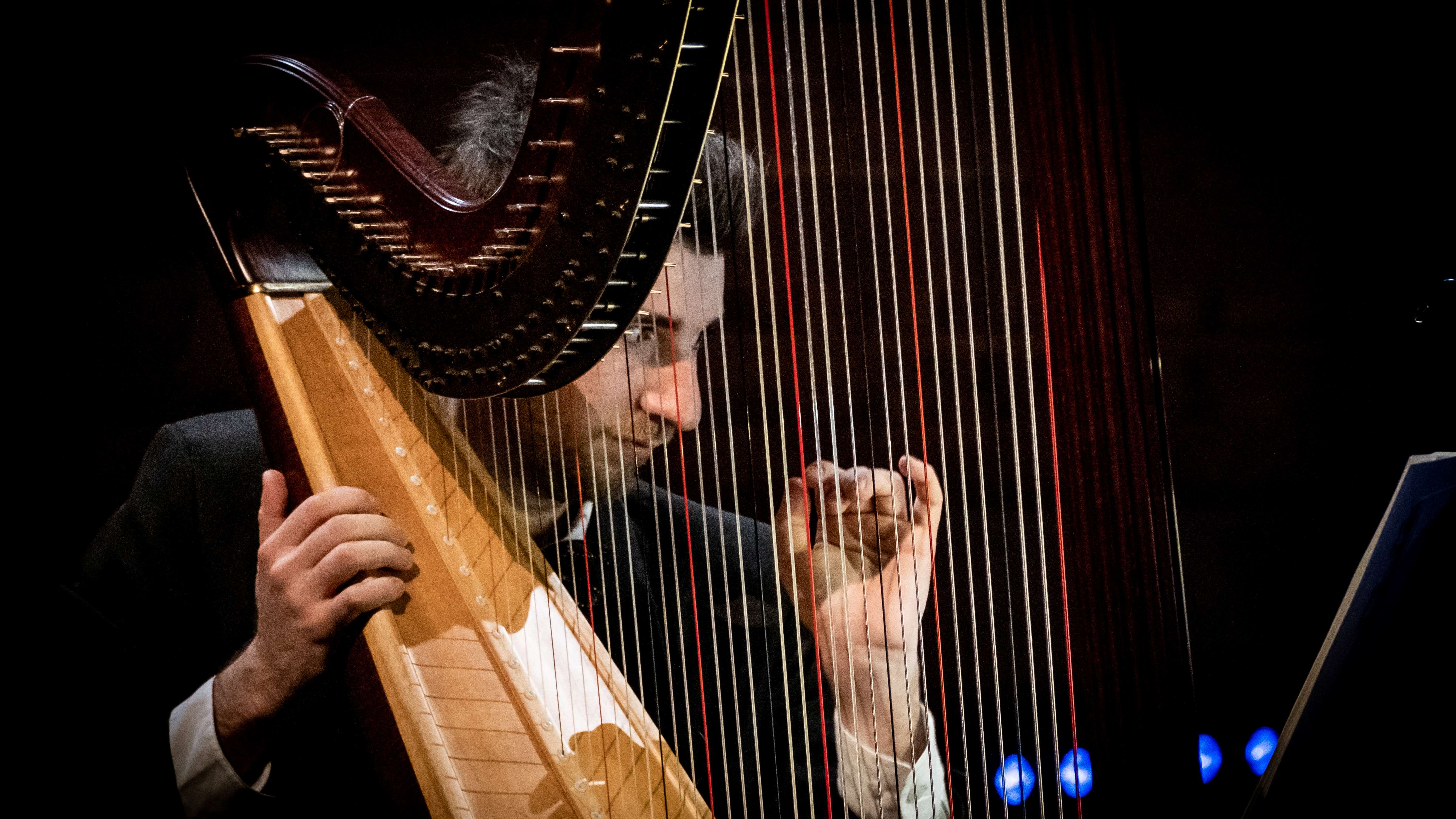 Zach Hatcher spiller på en stor og flot harpe foran sort baggrund 