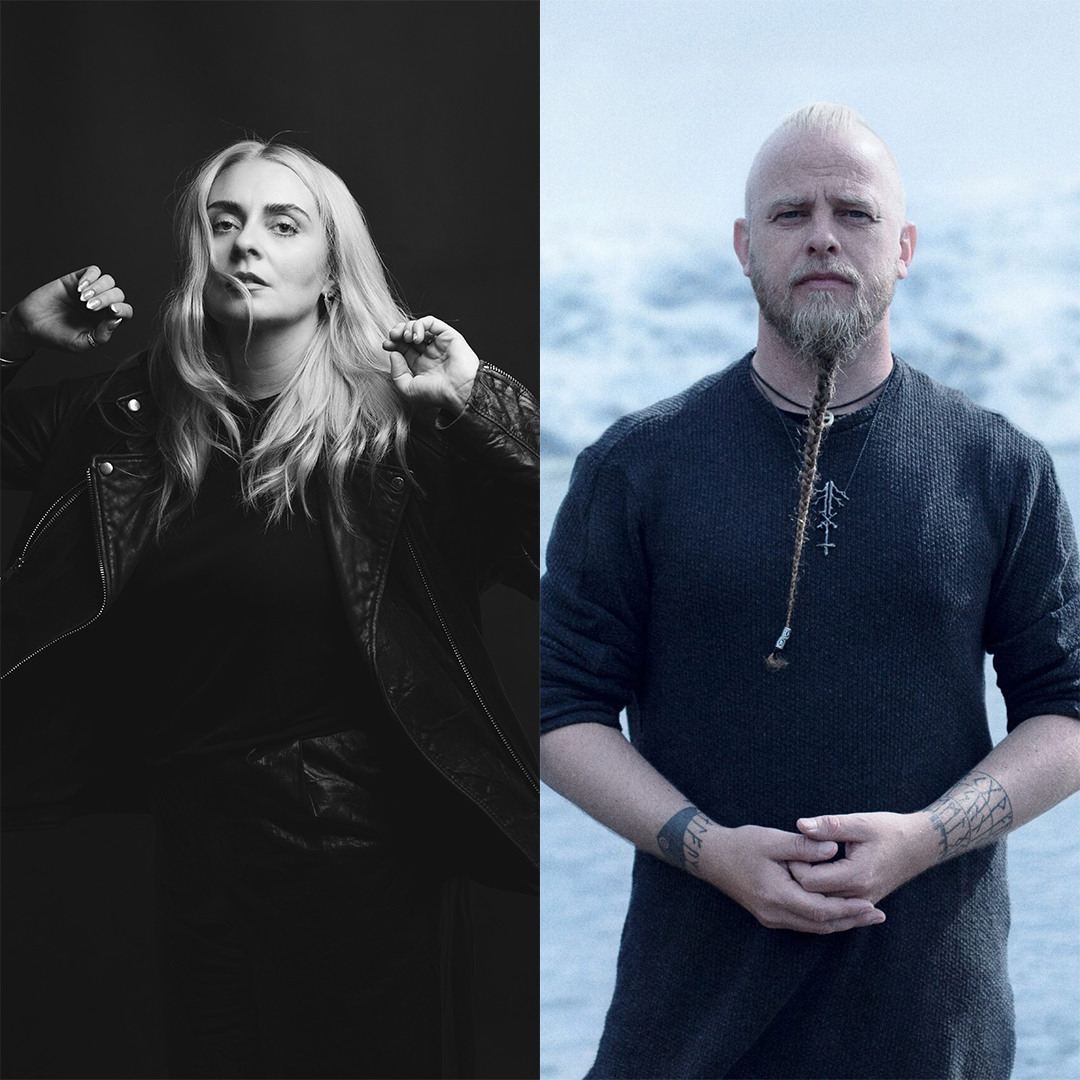 En moderne kvinde og en vikinge-mand i to adskilte billeder fra DR's store tema om vikinger.