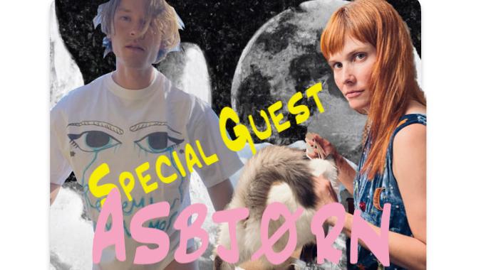 Asbjørn i billede og skrevet med tekst, hvor der også står special guest og Oh Lang ved siden af foran månelandskab.