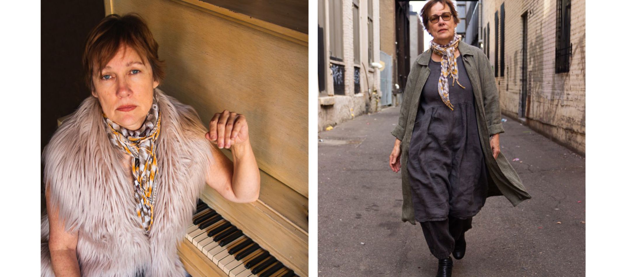 Den amerikanske singersongwriter Iris DeMent foran et klaver iført bluse af fjer.