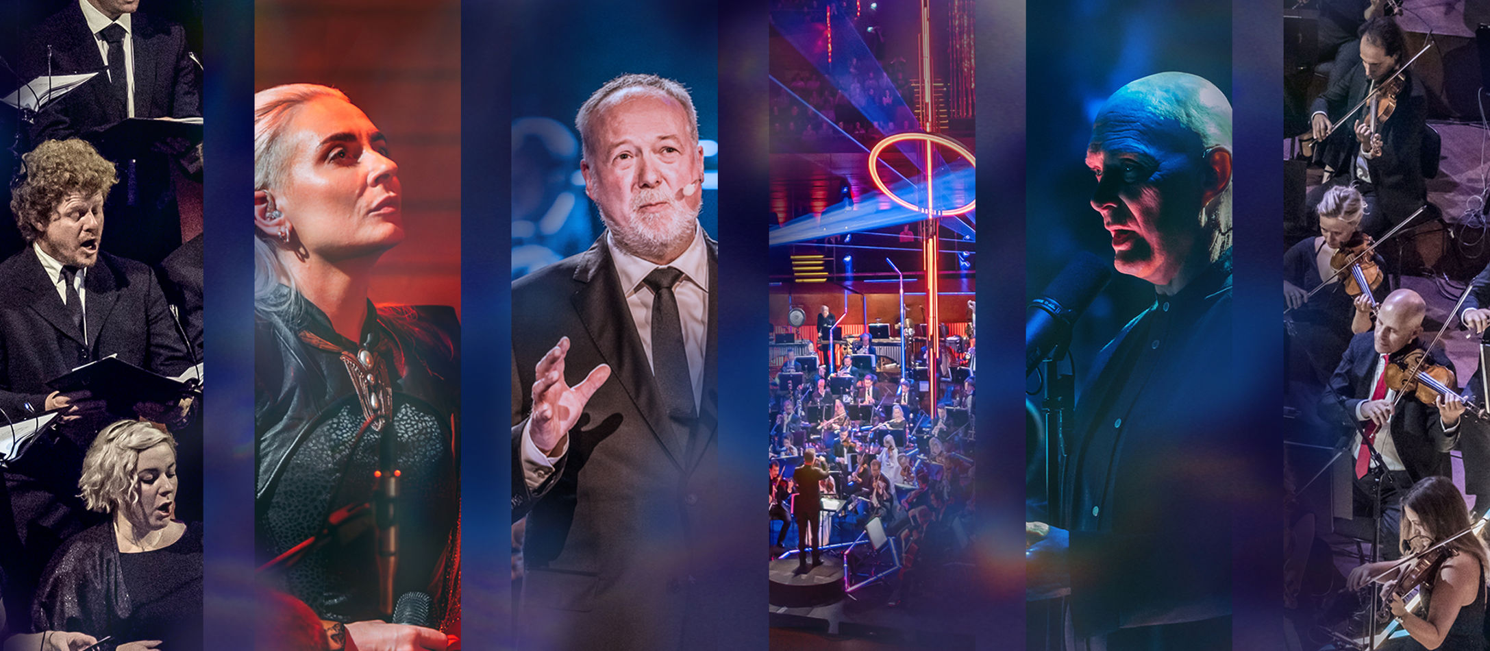 Seks horisontale blokke med DR Koncertkoret, Eivør, Jakob Stegelmann og DR Symfoniorkester til Koncerten Gaming X Symphony 2024.